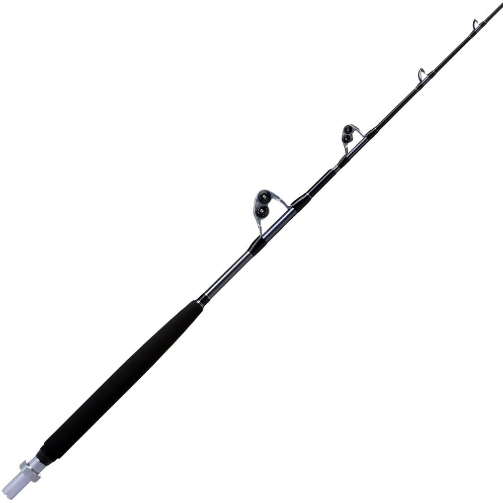 A black Shimano Terez BW Roller Stripper Uni Butt 67" Heavy (TZBWC67HUBA) fishing rod with a foam handle and roller stripper guides, perfect for high-speed trolling, is displayed against a white background.