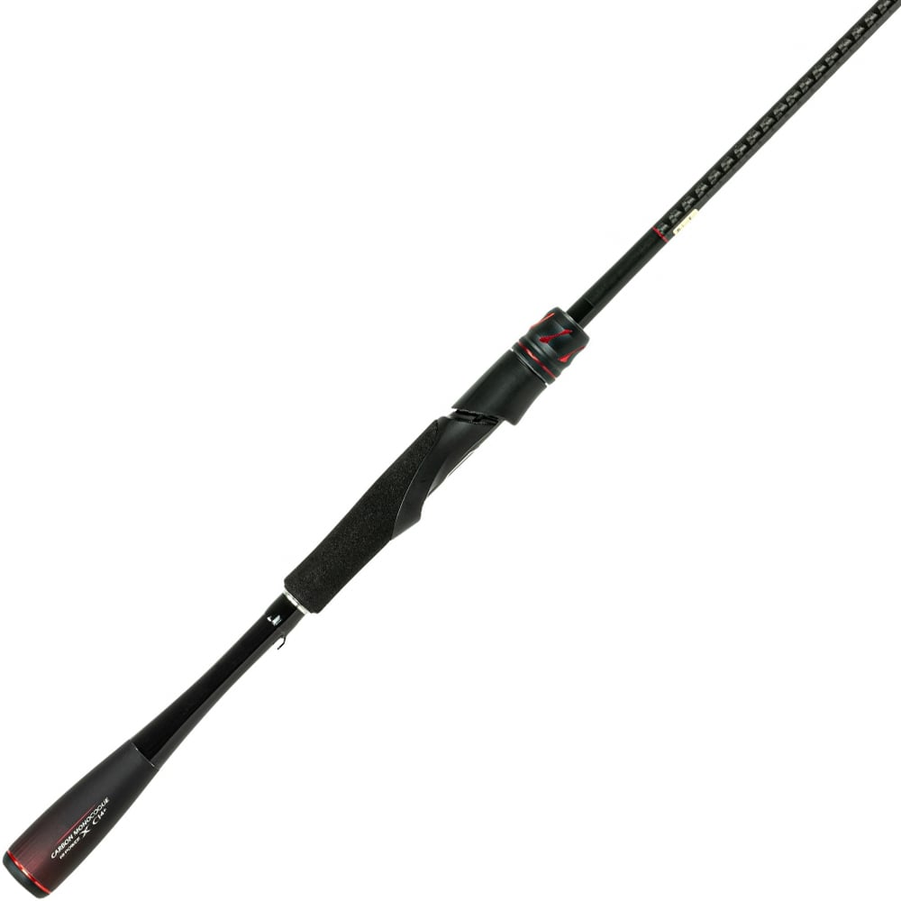 The Shimano Zodias 7'0" Light Spinning Rod (ZDS70LA) features a sleek black handle, padded grip, red accent details, and Carbon Monocoque Technology. Shown diagonally on a white background.