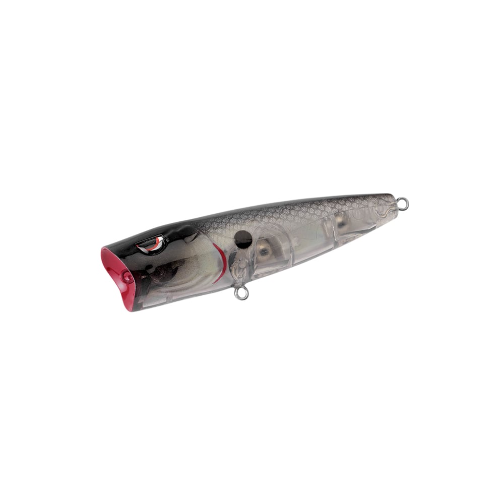 The SPRO Essential Series E Pop 80 is a realistic fish-shaped popper featuring a red open mouth, gray-scaled body, detailed eyes and gill patterns, two metal loops for line and Gamakatsu treble hooks, ideal for lifelike topwater bites.