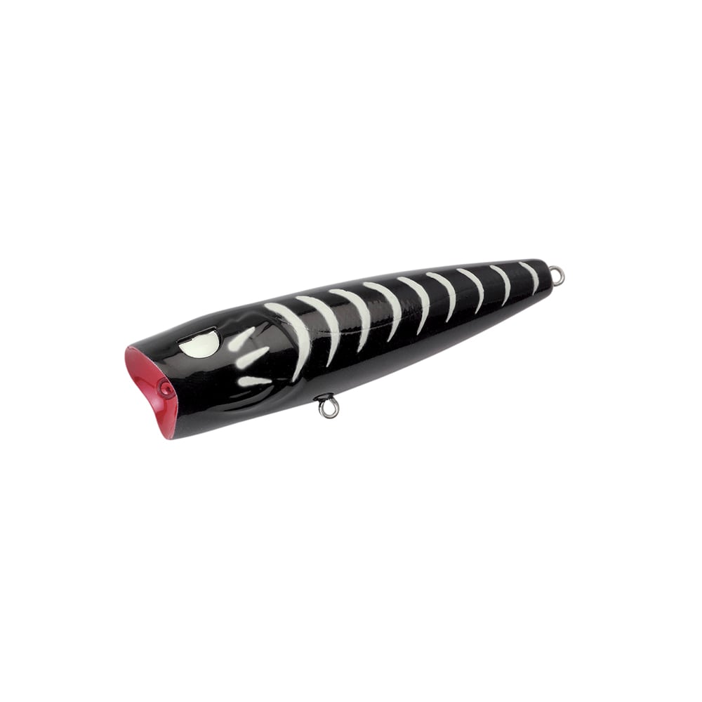 The SPRO Essential Series E Pop 80 is a black popper bait with white skeleton stripes, a red concave mouth for explosive topwater bites, and metal loops for Gamakatsu treble hooks, shown on a white background.