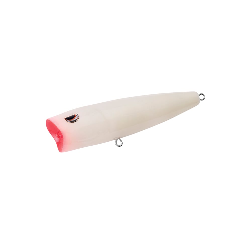 The SPRO Essential Series E Pop 80 is a white popper bait with a red-tinted open mouth and two metal attachment rings, designed to trigger explosive topwater bites, shown against a plain white background.
