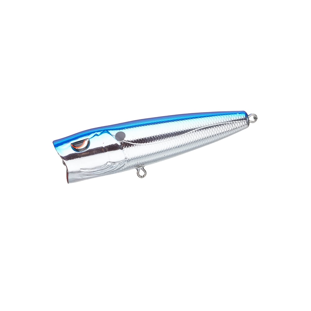 The SPRO Essential Series E Pop 80 is a shiny popper shaped like a small fish, featuring a metallic silver body, blue top, red gill accent, and Gamakatsu treble hooks, shown against a white background.