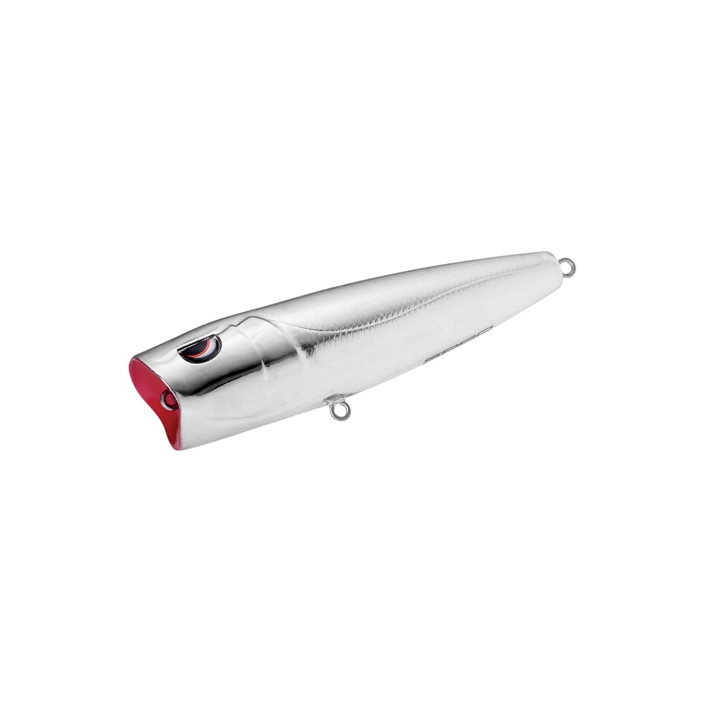 The SPRO Essential Series E Pop 80 is a shiny silver popper bait shaped like a small fish, featuring a red mouth, large eye detail, and metal loops for attaching Gamakatsu treble hooks and line—ideal for aggressive topwater strikes.