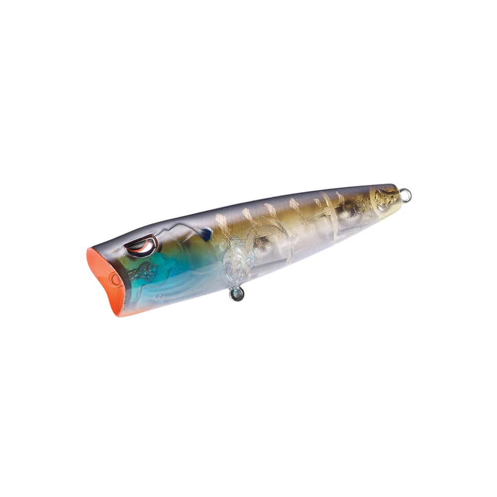 The SPRO Essential Series E Pop 80 fishing lure features a metallic gold and silver body, blue underside, orange mouth, and detailed patterning—designed to attract fish and trigger explosive topwater bites.
