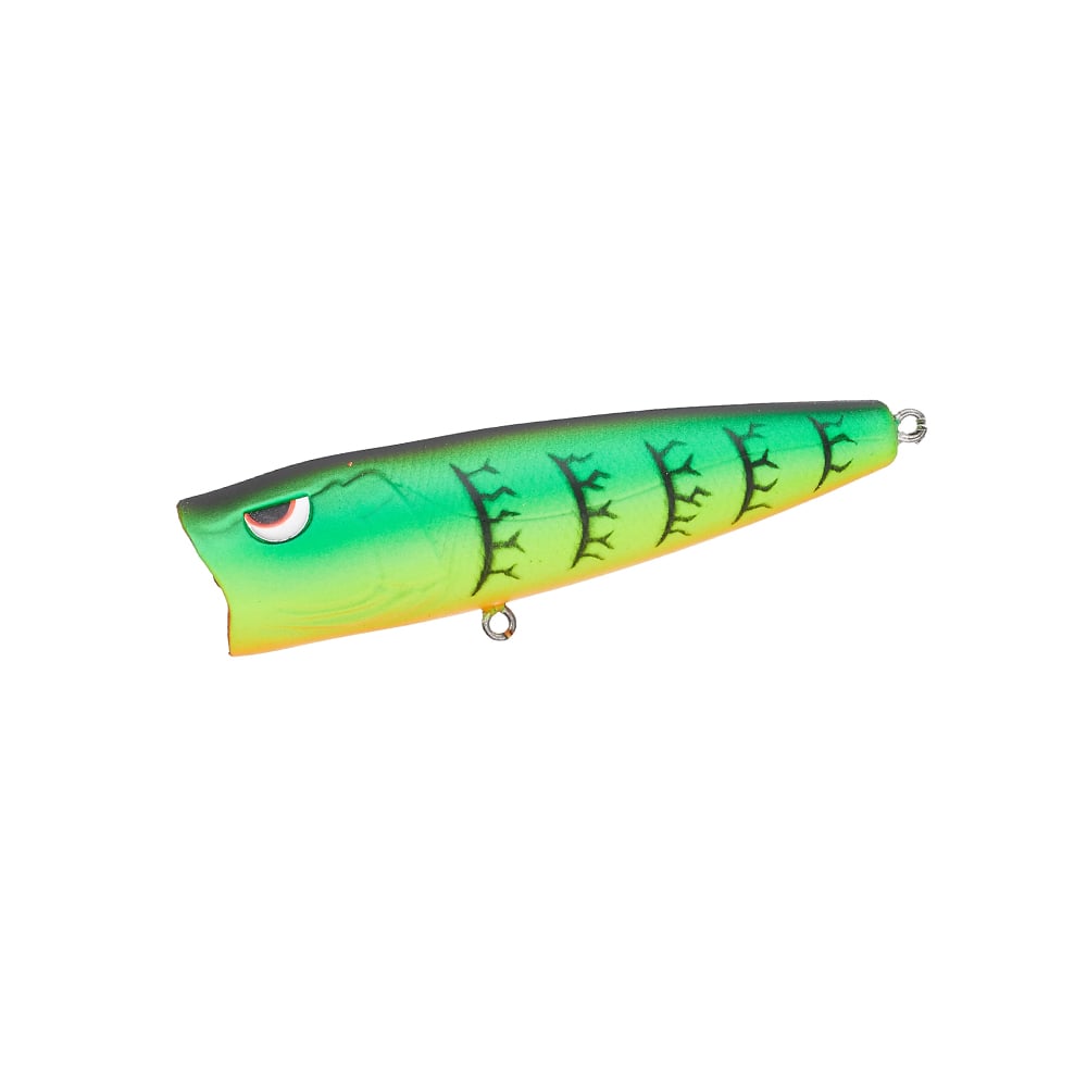 The SPRO Essential Series E Pop 80 is a green and yellow fish-shaped popper with black scale-like markings, a red and white eye, metal attachment loops on both ends, designed to trigger explosive topwater strikes.