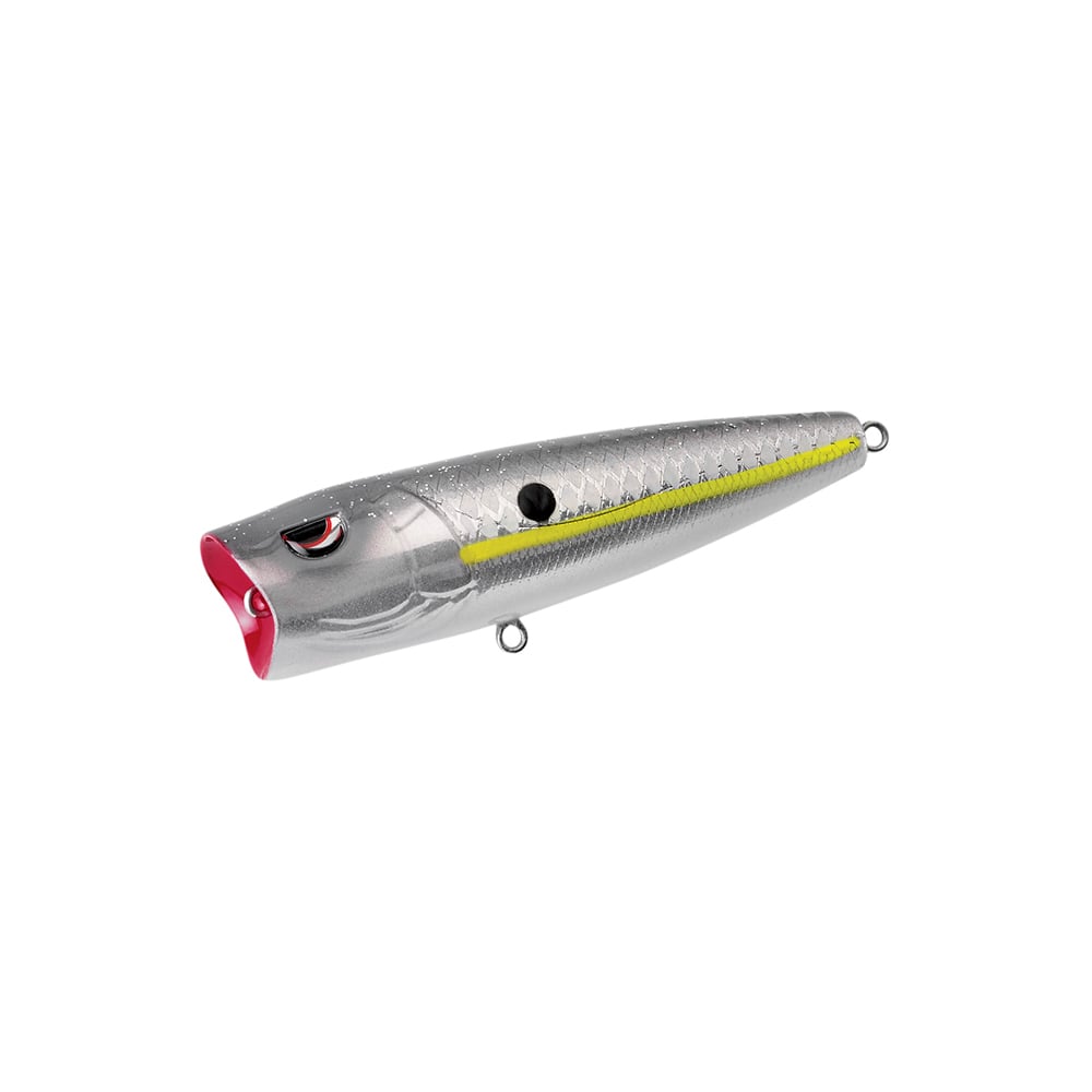 The SPRO Essential Series E Pop 80 is a silver and yellow popper bait with realistic scales, red mouth, black side spot, and metal rings—ideal for explosive topwater strikes.