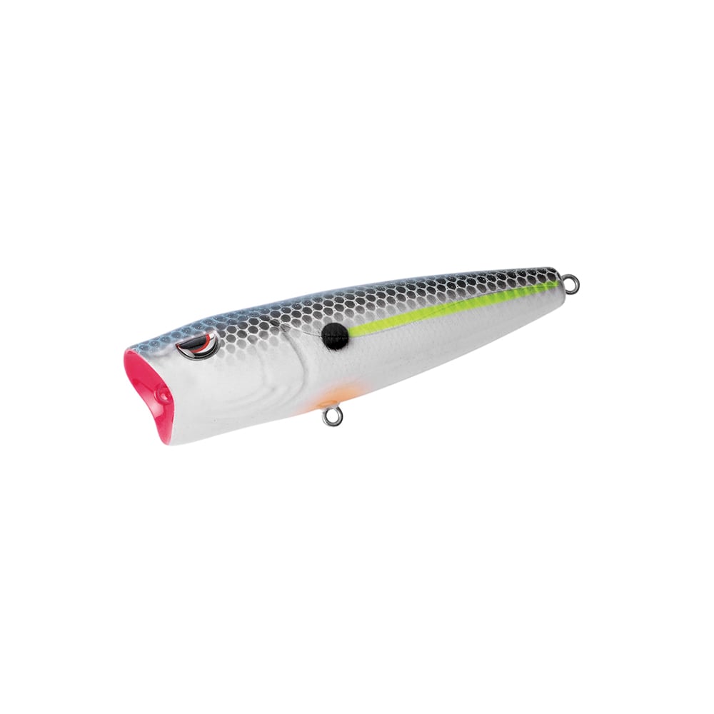 The SPRO Essential Series E Pop 80 lure mimics a small fish with a silver body, black spots, green side stripe, and red mouth. Attachment rings on the front and underside make this topwater popper bait ideal for exciting strikes.