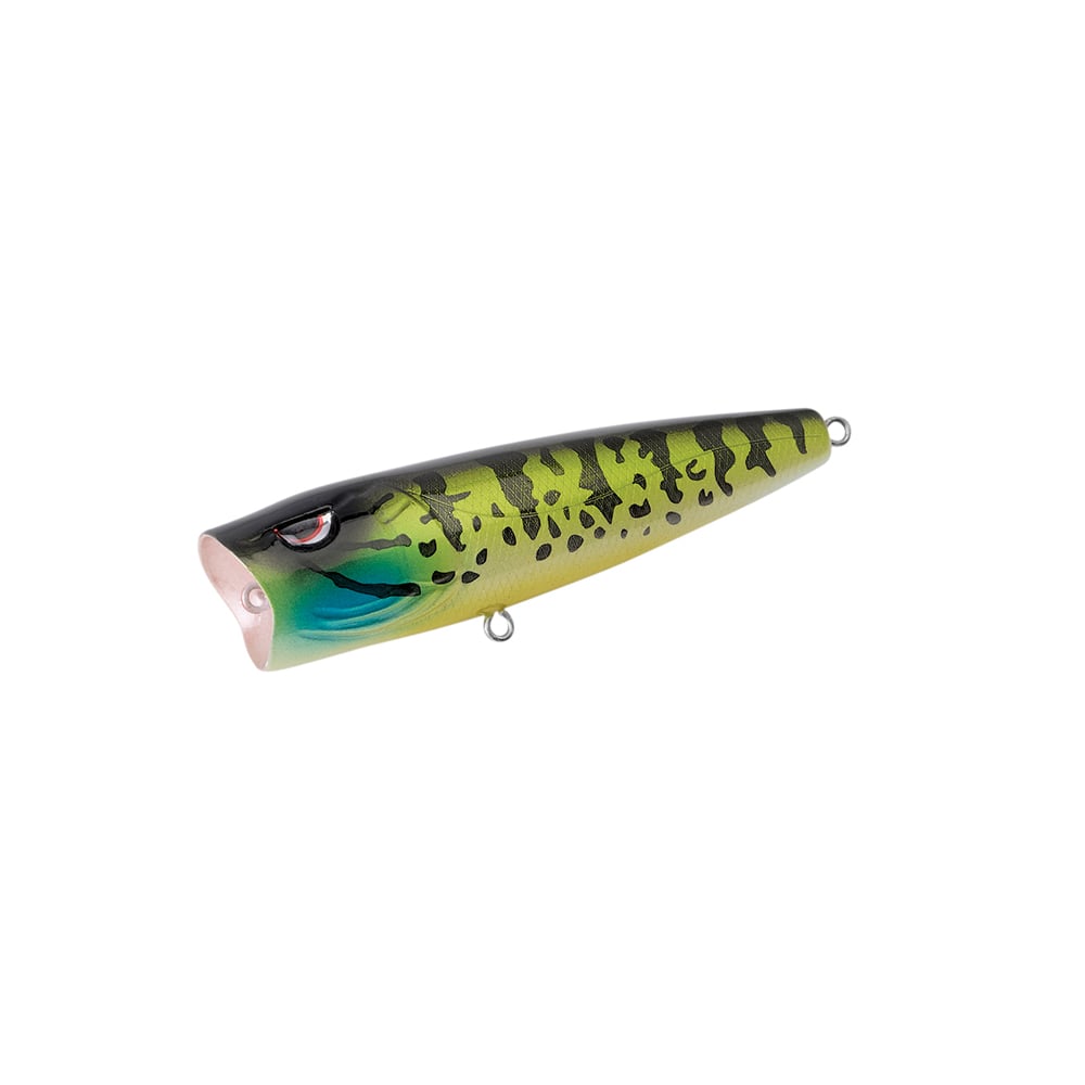 The SPRO Essential Series E Pop 80 is a green and yellow popper bait with black patterns, a red-rimmed eye, and a wide mouth that mimics small fish to entice exciting topwater strikes.