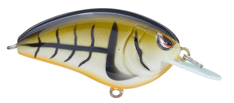 The SPRO Little John Type R 50 Crankbaits feature a realistic fish design with black, olive green, and orange colors. It has a shiny finish, Gamakatsu treble hooks, a small metal ring for easy attachment, and an extended plastic lip for water diving.