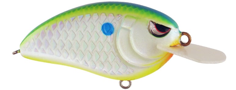 The SPRO Little John Type R 50 is a colorful crankbait with a green-yellow gradient top, white scaly sides, a blue dot, and a prominent red eye. Equipped with Gamakatsu treble hooks and clear rectangular lip, it's ideal for diving adventures.