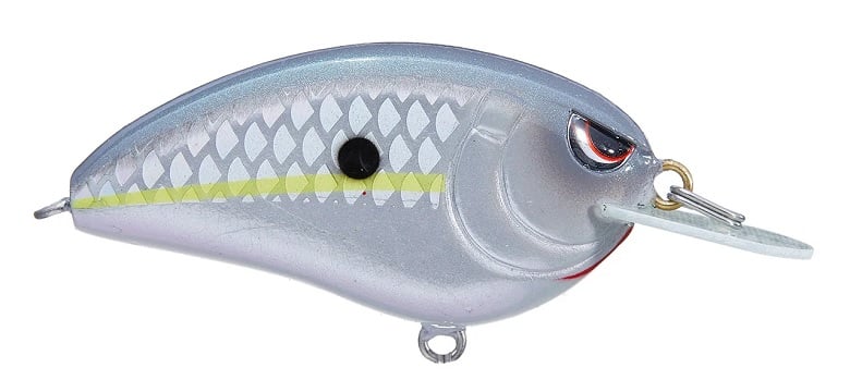 The SPRO Little John Type R 50 Crankbait is a silver and white fishing lure shaped like a small fish, featuring a translucent diving lip, reflective diamond scales, yellow stripe, and Gamakatsu treble hooks at the single eye to enhance catch success.