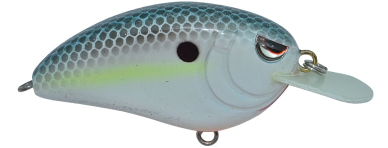 Introducing the SPRO Little John Type R 50 Crankbaits—fish-shaped with a blue and white scale pattern, a yellow stripe, reflective surface, Gamakatsu treble hooks, and a metal ring for easy line attachment.