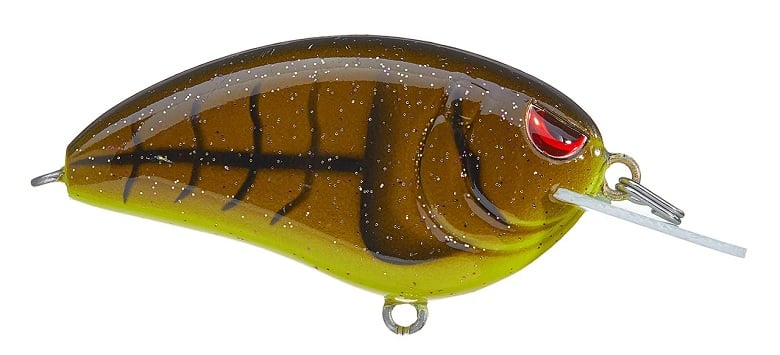 Introducing the SPRO Little John Type R 50 Crankbaits, a fish-shaped lure featuring a brown-green gradient body with black stripes and vivid red eyes. It's equipped with metal attachment rings and sharp Gamakatsu treble hooks for optimal catch success.