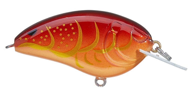 The SPRO Little John Type R 50 Crankbait features a striking red and orange body with yellow spots and wavy lines, a metallic front attachment, accommodates Gamakatsu treble hooks, and has a sleek glossy finish.
