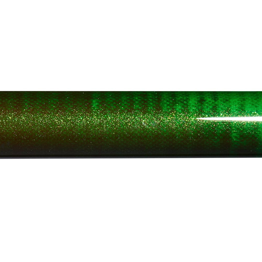 A close-up of the St. Croix Eyecon Spinning Rod 6’3” Medium Vertical Jig (EYS63MXF) by St. Croix features a glossy, iridescent green, gold, and black gradient finish that reflects light beautifully.