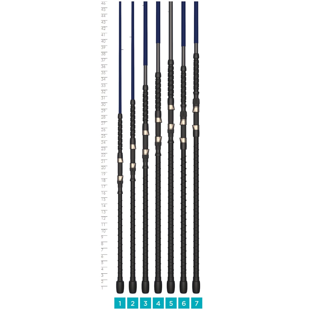 Seven St. Croix Legend Surf Spinning Rods (GSS90MMF2) are shown in a row before a white height chart, each extended to different lengths from 24 to 46 inches, labeled 1–7 in blue boxes and featuring Fuji® K-Series guides.
