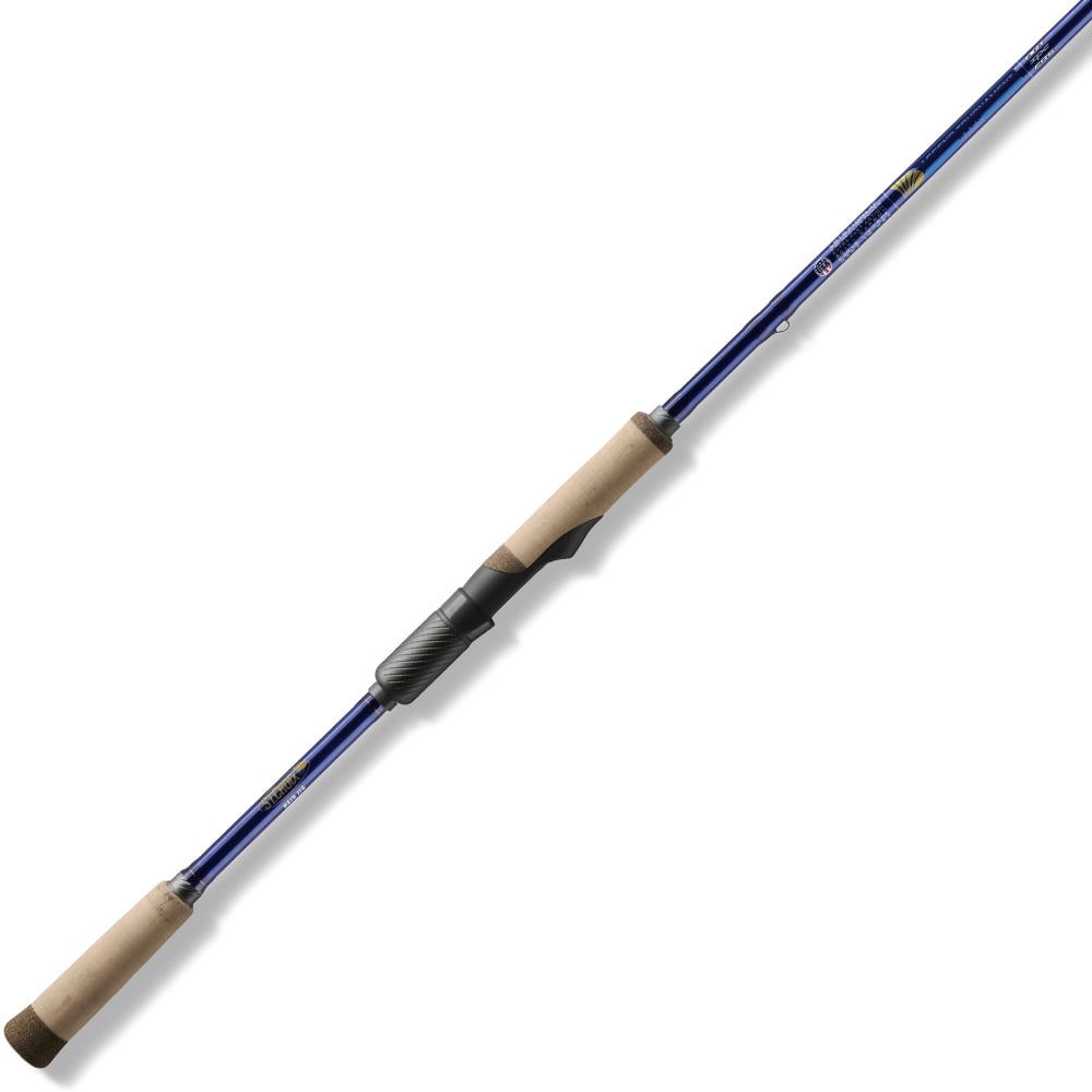 A St. Croix Legend Tournament Bass Spinning Rod 7'10" Medium Light Hair Jig (LBTS710MLXF), featuring tan cork handles, a black reel seat, and SCIV+ Carbon Fiber construction, is shown on a white background.