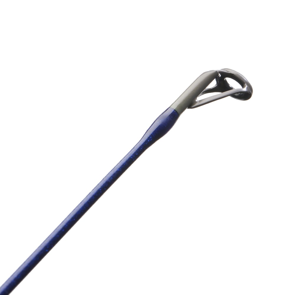 Close-up of the St. Croix Legend Tournament Bass Spinning Rod 7'10" Medium Light Hair Jig, highlighting its blue SCIV+ Carbon Fiber tip and metal guide ring against a white background.