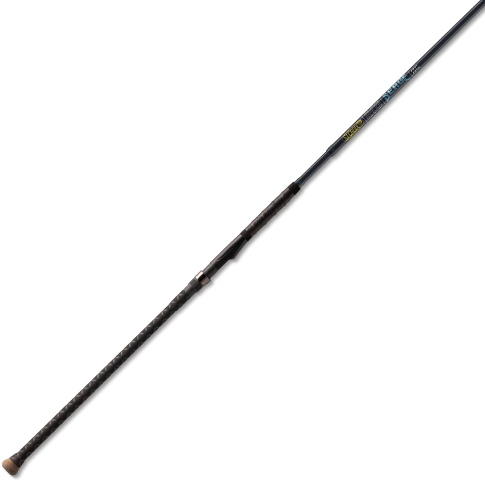 A long, slender fishing rod with a black grip handle and a dark-colored SCII carbon fiber shaft from the St. Croix Seage Surf Series is shown angled diagonally against a plain white background. This 9’0” Medium Moderate Fast 2-piece rod, model SES90MMF2 from americanlegacyfishing, highlights its innovative design in the Seage Surf series.