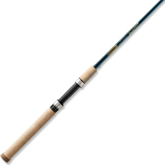 A St. Croix Triumph Spinning Rod 5'6” Ultra Light 2 Piece (TSR56ULF2) with a blue carbon shaft, wood handle, and metal reel seat is shown diagonally on a white background.