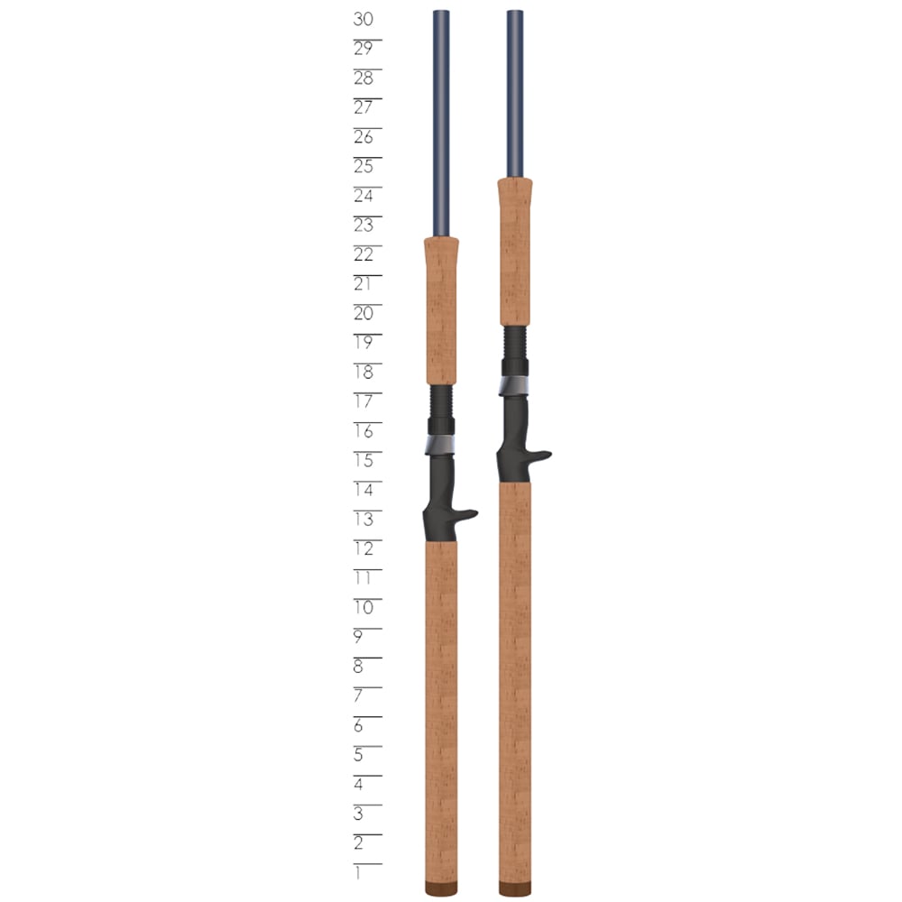Two St. Croix Triumph Musky Casting Rods (7'6” Heavy | TMR76HF) with cork handles stand upright by a 1–30 inch scale. Both use Premium SCII Carbon and similar designs, differing slightly in reel seats for heavy action performance.