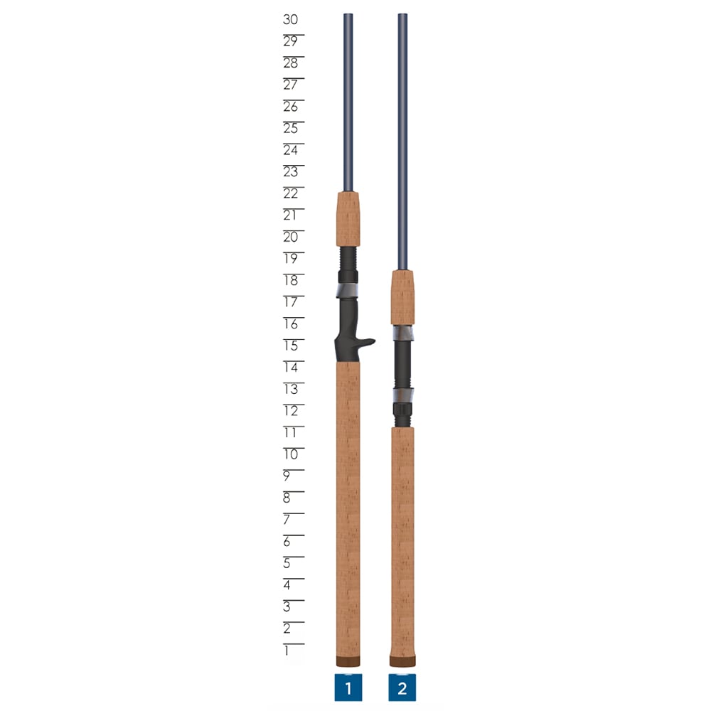 Two fishing rods with cork handles stand upright by a 1-30 vertical scale; rod 1 is a St. Croix Triumph Salmon & Steelhead Spinning Rod 9'0" Light (TRSS90LM2), and rod 2 is a steelhead spinning rod with a straight handle.