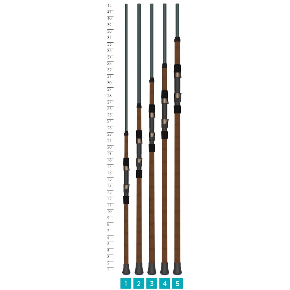 Five St. Croix Triumph Surf Spinning Rod 10'6” Medium Heavy handles (TSF106MH2) are shown side by side, labeled 1-5 and measured from 6 to 42 inches, with a ruler for scale—perfect for long distance casting.