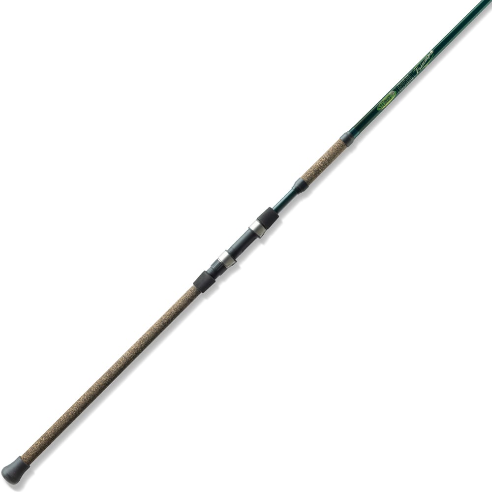 The St. Croix Triumph Surf Travel Spinning Rod 10'0" Medium (TSF100M4) is shown diagonally on a white background, featuring premium graphite construction and cork handles—ideal for long distance casting.