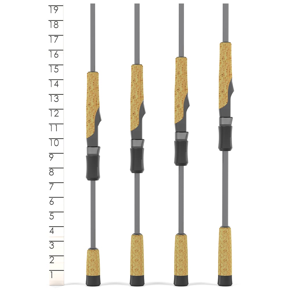 Four fishing rod handles, including the St. Croix Victory Spinning Rod 7'10" Medium Open Water (VTS710MMF), stand upright by a 1–19 ruler. Cork grips and black reel seats showcase their medium open water performance design.