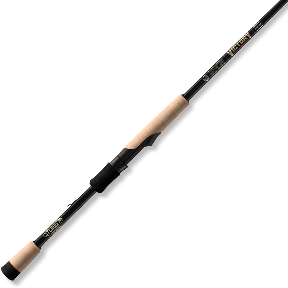 The St. Croix Victory Spinning Rod 6'10" Medium Light (VTS610MLXF) features a cork handle, black reel seat, gold lettering, and premium SCIII+ carbon blank construction, shown here on a white background.