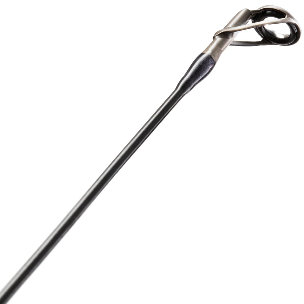 Close-up of the St. Croix Victory Spinning Rod 6'10" Medium Light (VTS610MLXF) tip, showcasing its guide ring and metal details on the slim, dark SCIII+ carbon blank—an impressive option from St. Croix.