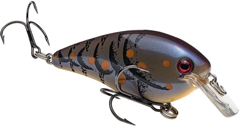 The Strike King KVD Squarebill Crankbait, designed like a small fish with dark stripes, orange spots, red eyes, and two treble hooks, features a clear lip ideal for shallow water power fishing with top Strike King performance.