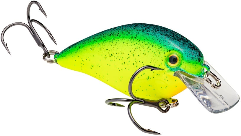 The Strike King KVD Squarebill Crankbait features a vibrant green and yellow body, black speckles, clear plastic lip, and two treble hooks—ideal for shallow water fishing like pro angler Kevin VanDam.