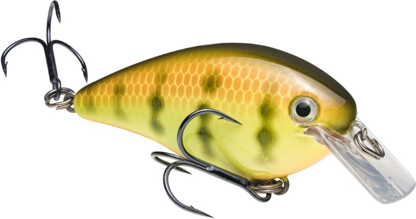 The Strike King KVD Squarebill Crankbait by Strike King is a yellow and green lure with a fish-like pattern, two treble hooks, and a clear plastic lip—ideal for shallow water fishing.