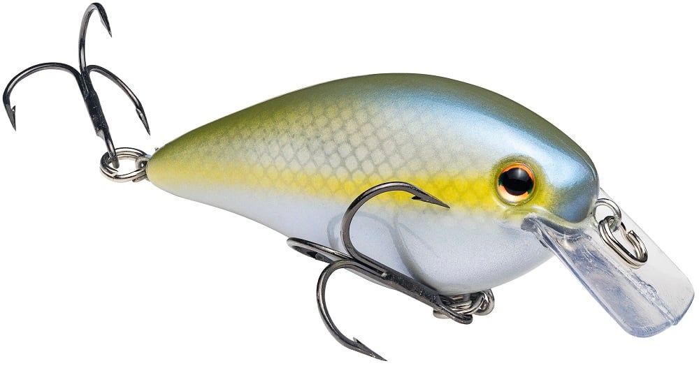 The Strike King KVD Squarebill Crankbait by Strike King features a blue and yellow, fish-shaped body, orange and black eye, two treble hooks, and a clear plastic lip—ideal for power fishing in shallow waters.