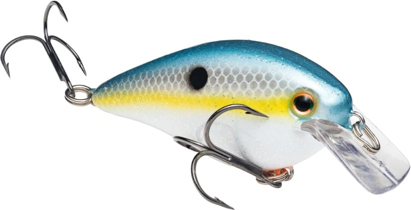 The Strike King KVD Squarebill Crankbait by Strike King is a blue, yellow, and white fish-shaped lure with a black side spot, metal hooks, and clear plastic lip—ideal for shallow water fishing.