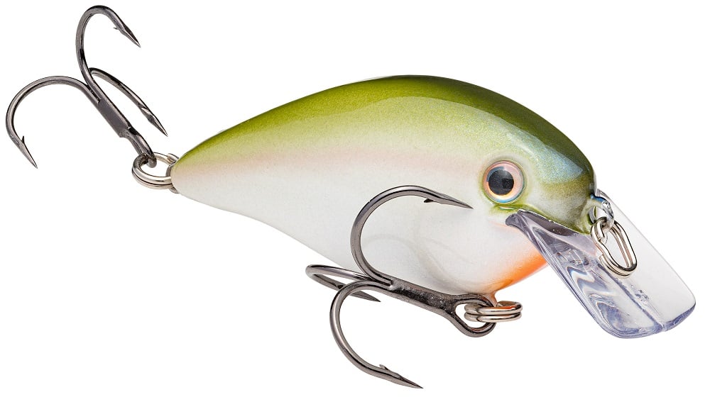 A close-up of the Strike King KVD Squarebill Crankbait by Strike King, featuring a green and white body, large eye, two treble hooks, and a clear plastic lip—ideal for shallow water power fishing.