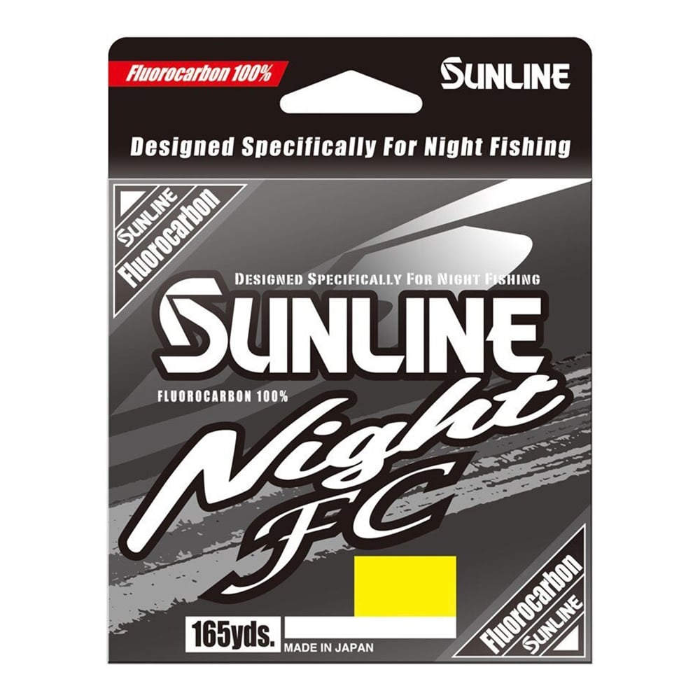 Sunline Night FC Fluorocarbon Line 165yd by Sunline features high night-time visibility. Packaging is mainly black, gray, and white with bold text and a small yellow rectangle near the bottom.