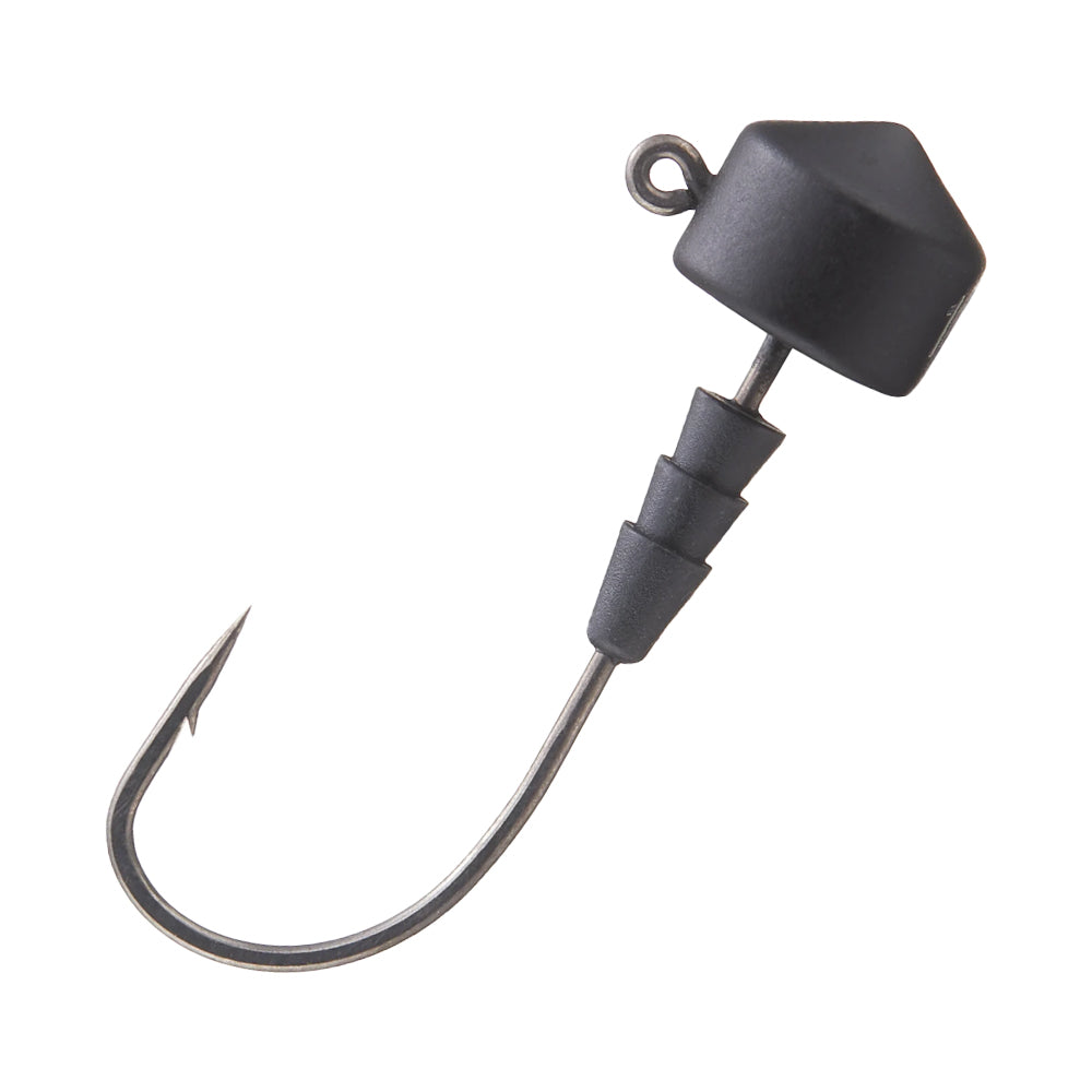 Close-up of the VMC Redline Series Tungsten Ned Head, featuring a black needle point hook with a sharp, curved tip and hexagonal tungsten head. The shank has three ridges for securing bait.