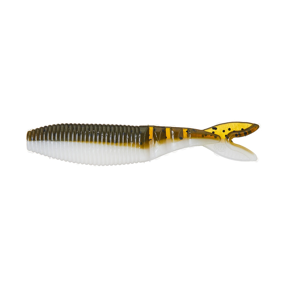 The Yamamoto Zako Slim by Yamamoto is a soft plastic lure with a ribbed body, brown/gold top, white underside, and paddle-shaped tail—perfect for finesse fishing or as a chatterbait trailer.