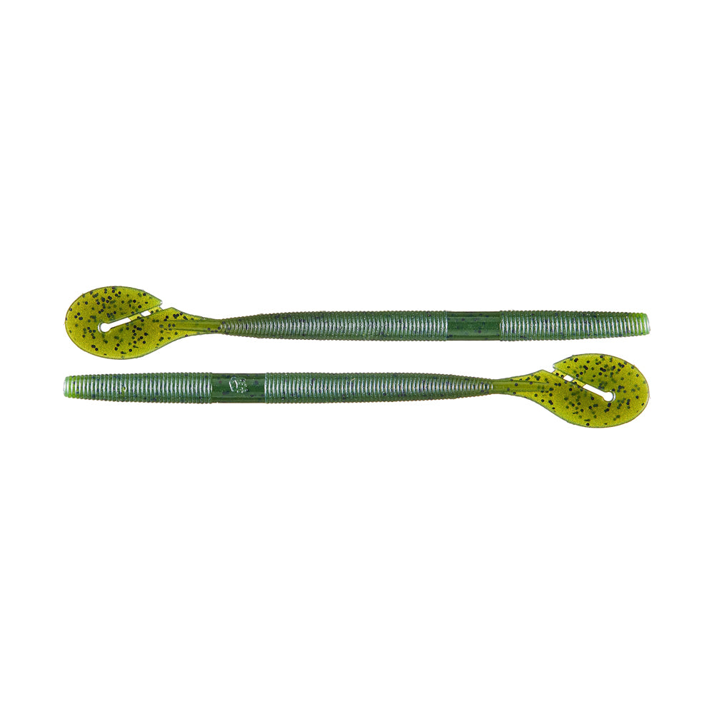 Two Yamamoto Speed Senko fishing worms in green soft plastic, with ribbed bodies, curled tails, and black speckles. Perfect for bass fishing, they are placed side-by-side on a white background.