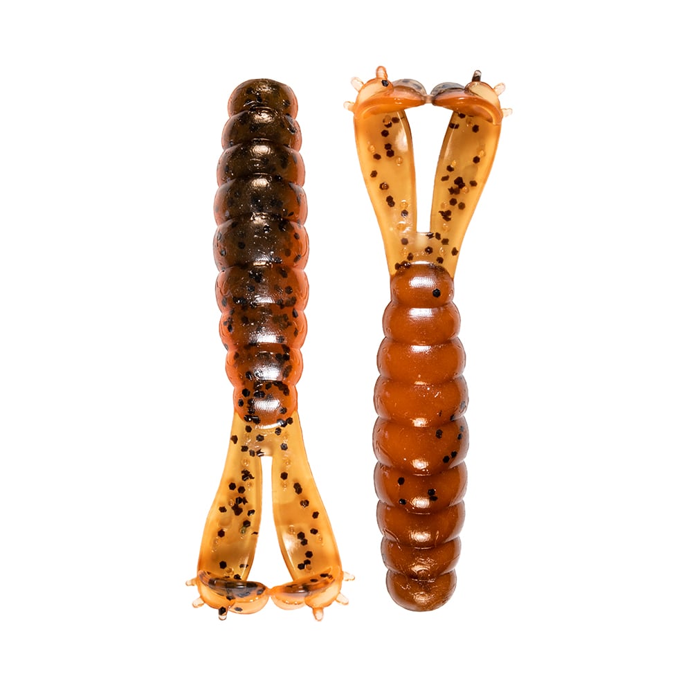 Two Z-Man Goat Twin Tail Grub lures by Z-Man, made with durable ElaZtech, feature ribbed bodies and forked twin tails. The soft baits resemble brown segmented worms with black flecks and are shown side by side on a white background.