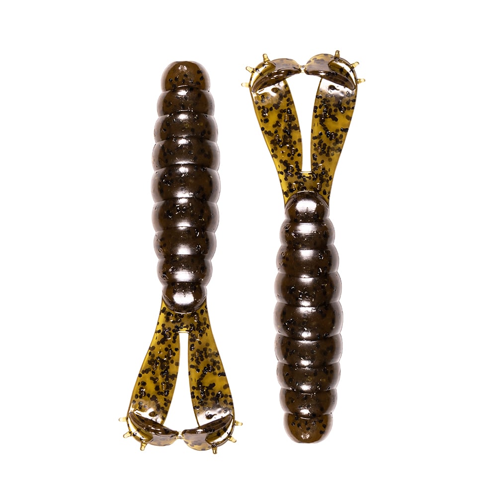 The Z-Man Goat Twin Tail Grub by Z-Man features two soft plastic lures with ribbed, segmented olive green bodies, black speckles, split twin tails, and durable ElaZtech construction.