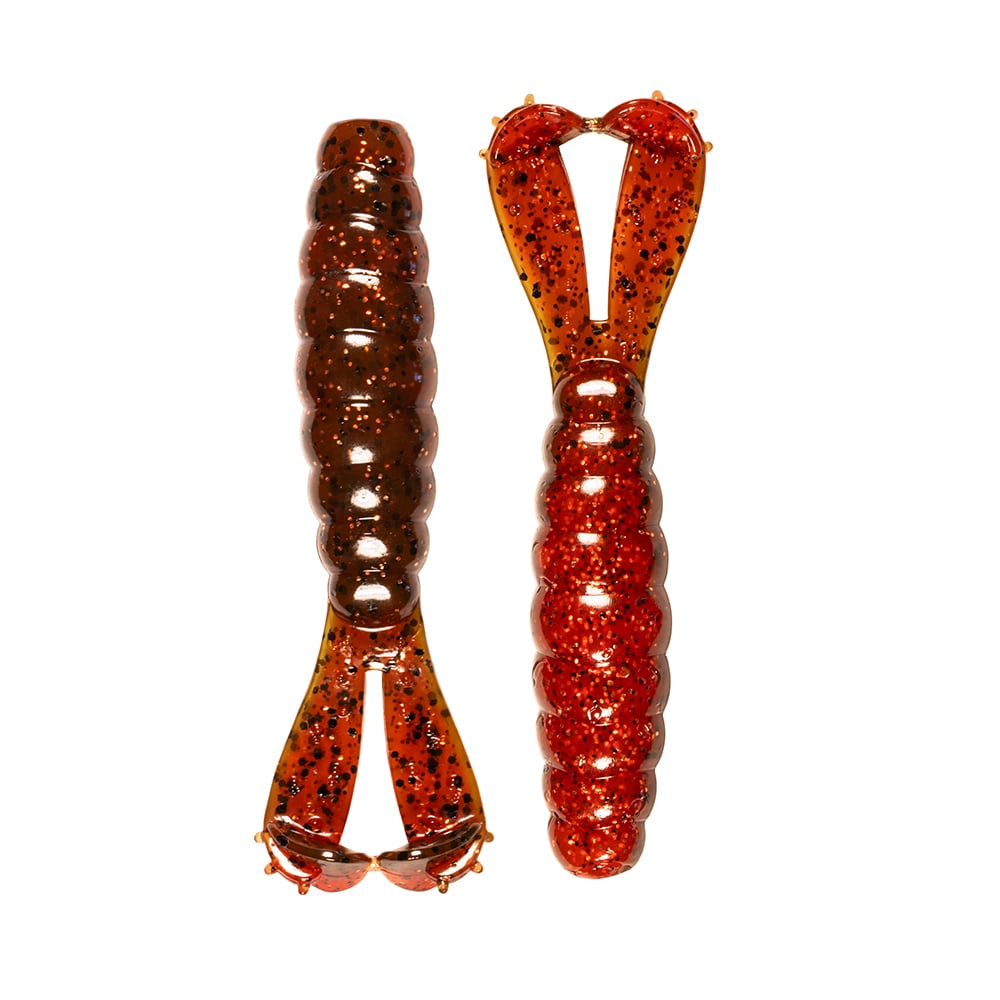 Two Z-Man Goat Twin Tail Grub lures by Z-Man, made from durable ElaZtech material in red and brown with black speckles, featuring segmented bodies and forked tails, are displayed side by side on a white background.