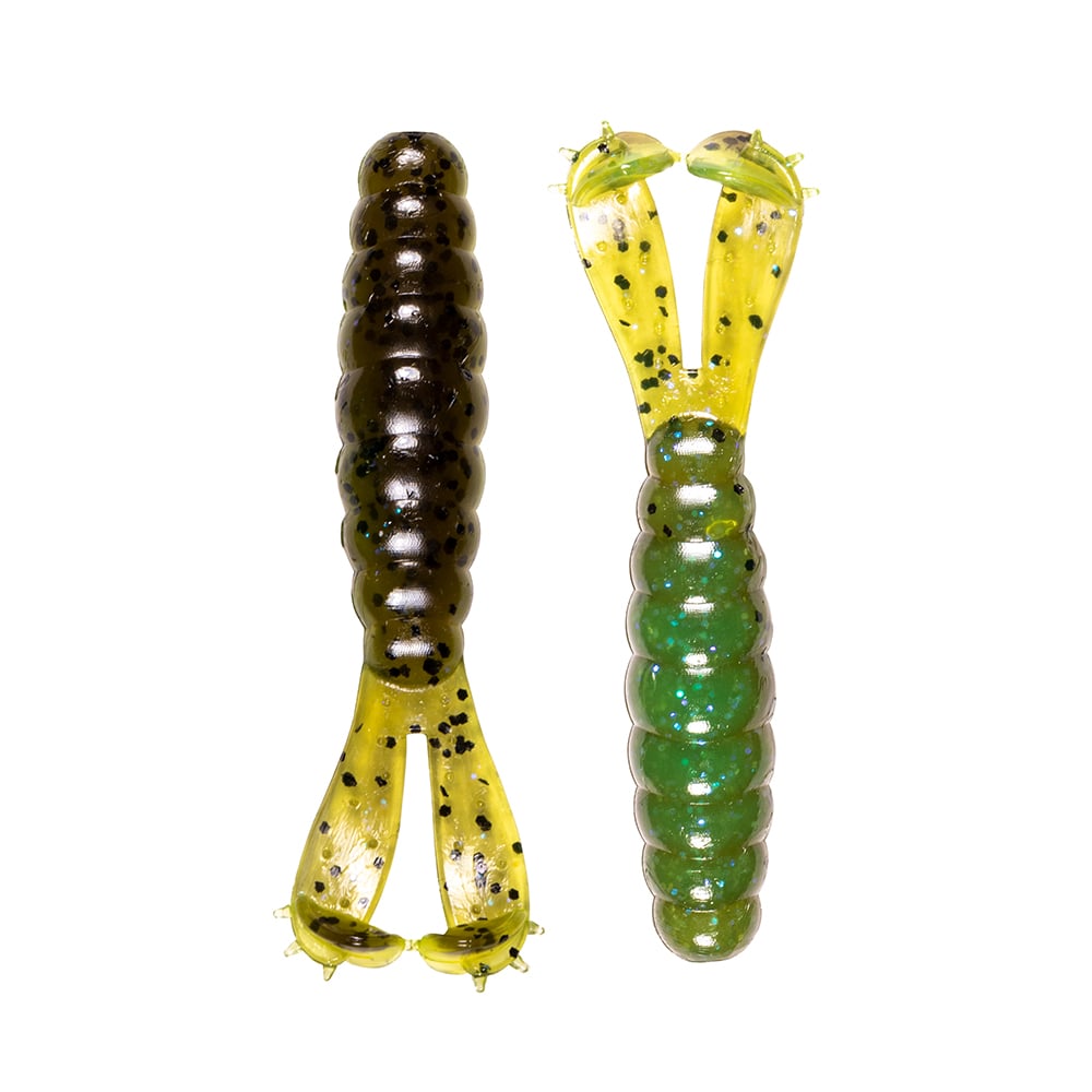 Two Z-Man Goat Twin Tail Grub lures made of 10X Tough ElaZtech®, featuring segmented bodies and double tails; one is green with black dots, the other is green and translucent yellow. Both are shown on a white background.