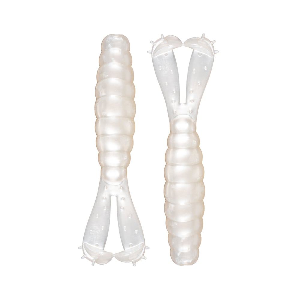 Two pearly white latex balloons are twisted into chromosome-like shapes, with segmented arms and small ends—resembling a Z-Man Goat Twin Tail Grub from Z-Man—placed side by side on a white background.