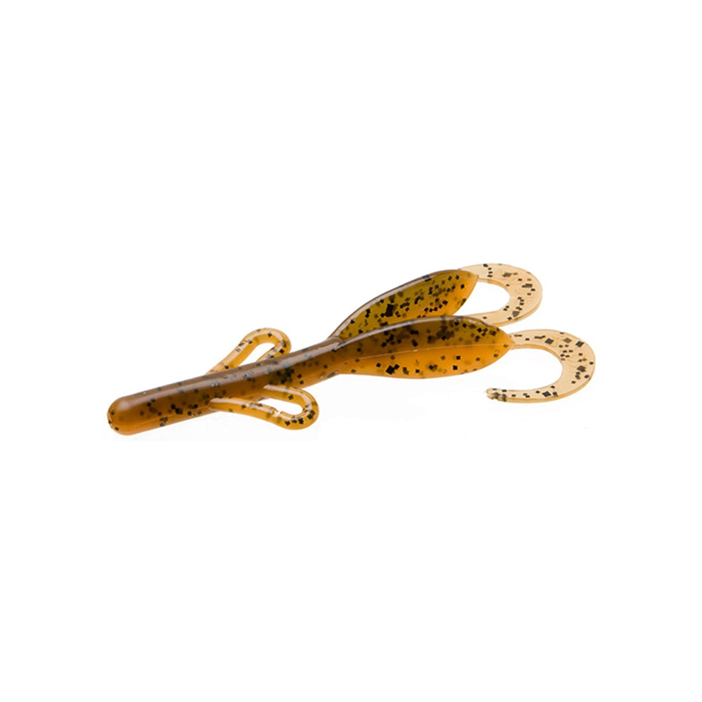 The Zoom Brush Hogs by Zoom is a soft plastic creature bait in brownish-yellow with black speckles, featuring two long curled tails and side appendages—ideal for big bass. Displayed on a white background.