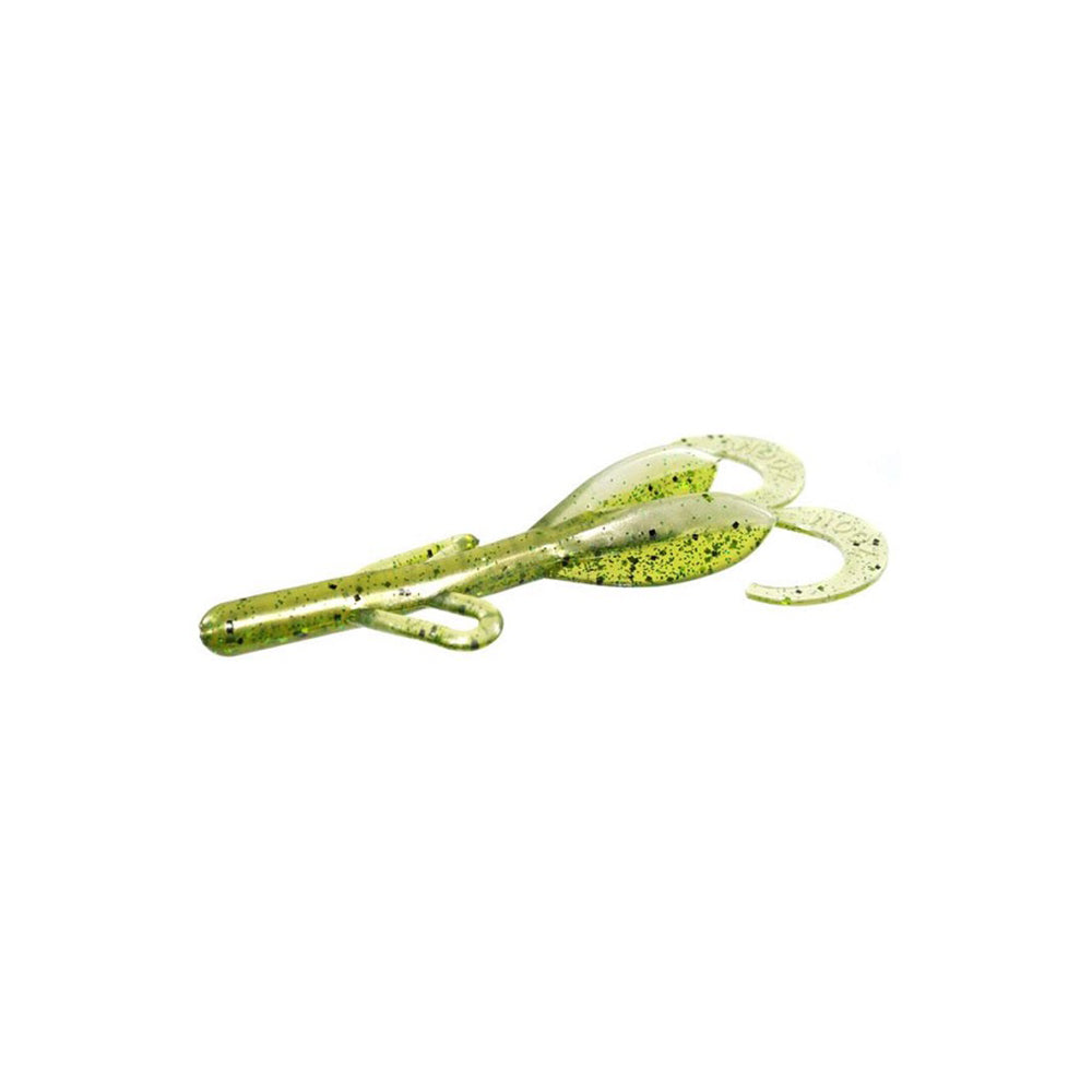 A pair of translucent green salad servers with black speckles, inspired by Zoom Brush Hogs from Zoom, includes a fork and spoon displayed side by side on a white background.