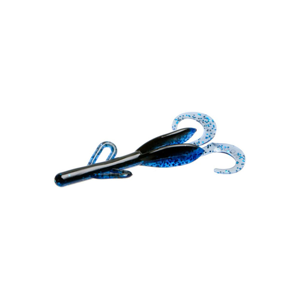 The Zoom Brush Hogs by Zoom feature a blue and black soft plastic design with two curled tails and a segmented body, perfectly imitating small aquatic prey to attract big bass.