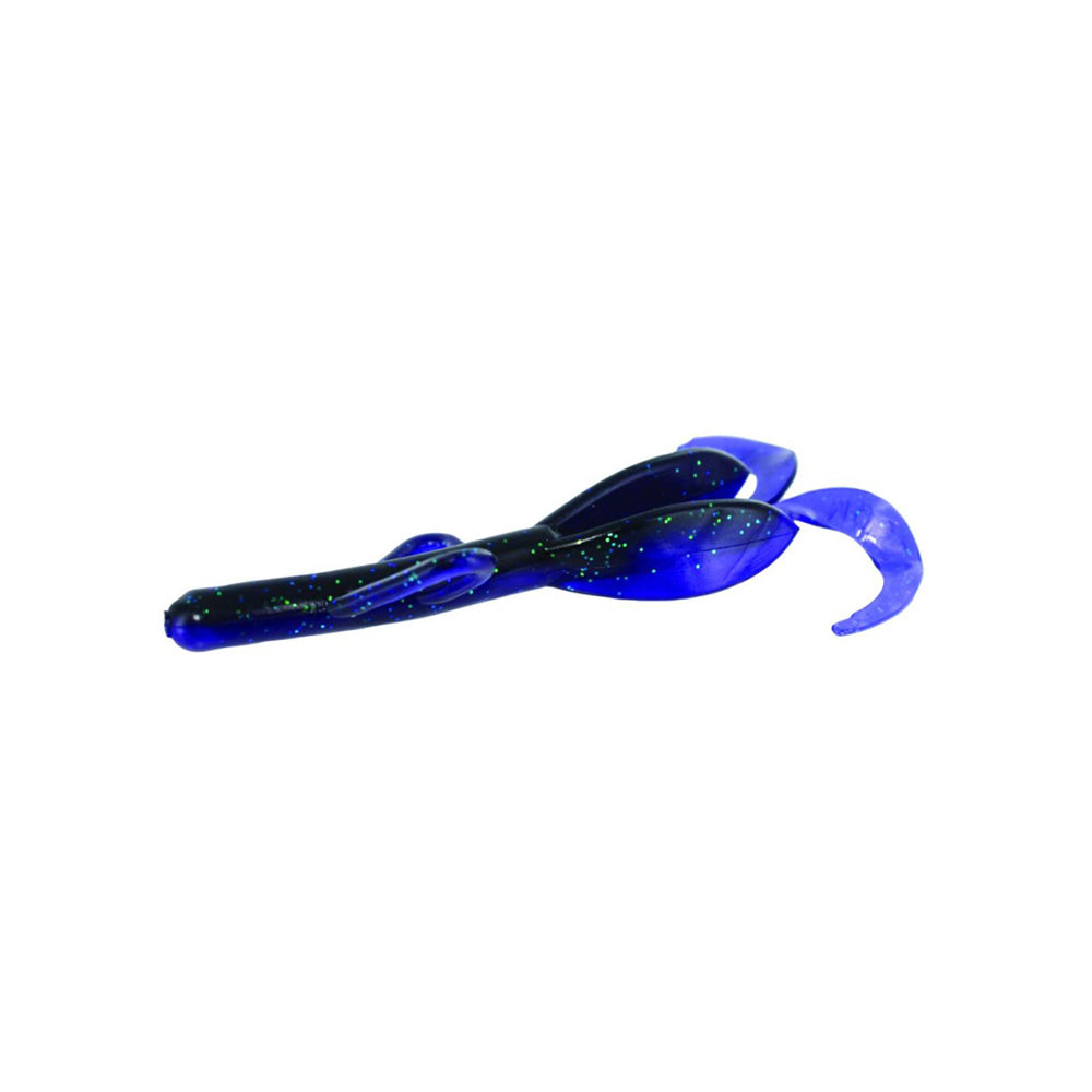 A blue and black Zoom Brush Hogs creature bait by Zoom, featuring glitter accents, a flat body, curled tail, and paddle-shaped appendages—ideal for catching big bass. Shown on a white background.